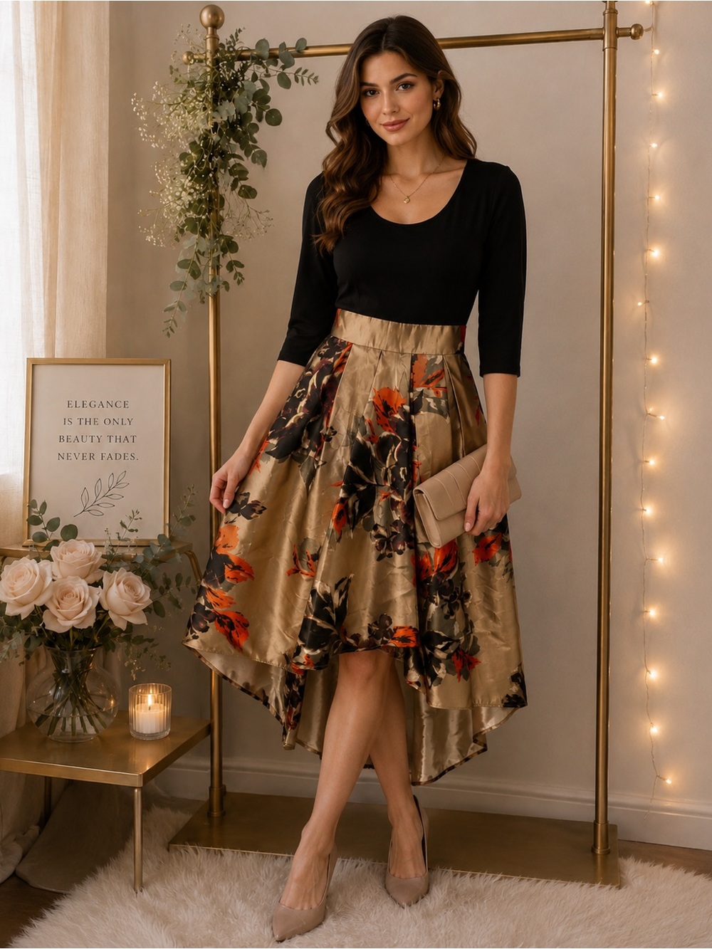 SL Fashions Gold Floral High-Low Satin Skirt with Black and Orange Accents